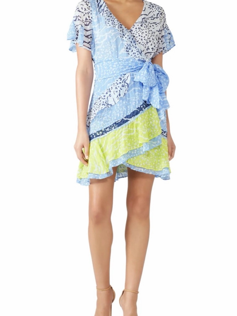 Tanya Taylor Silk/Cotton Blue and Lime Printed Wrap Dress